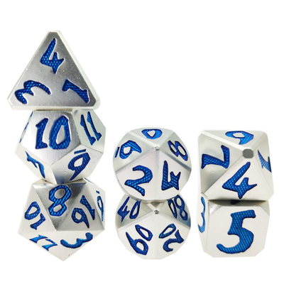 Luxo 7 peças conjunto resistente para masmorras e mão de dragão despejando dados poliédricos prata azul para rpg e jogo dnd