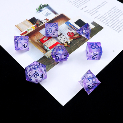 Púrpura, areia de fluxo branca, número céu, resina, jogo de dados multifacetado, suíte de dados Dragon and Dungeon City Dnd.