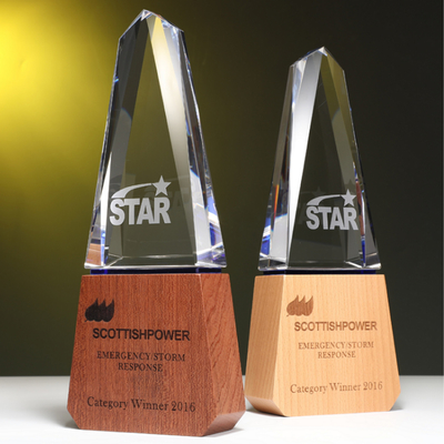 Troféus de resina personalizados Troféu de combinação de cristal e madeira sólida