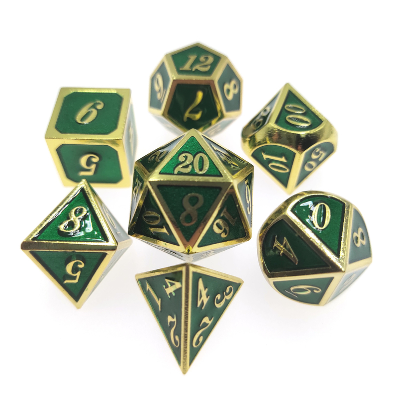Os dados extravagantes do metal ajustaram dados antiusura do jogo de 7 partes ajustaram o verde poliédrico da porca jovem do desgaste