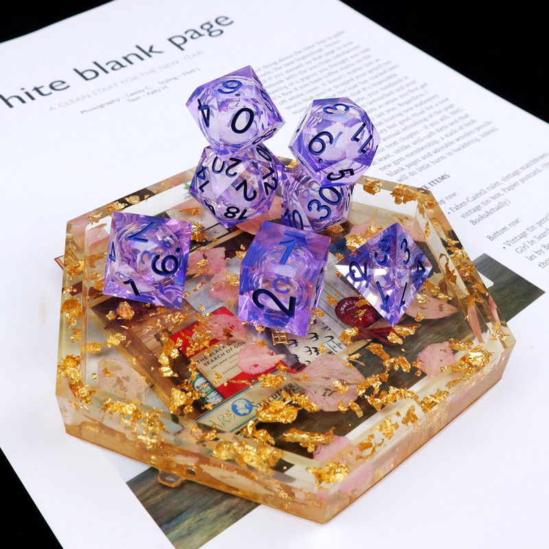 Púrpura, areia de fluxo branca, número céu, resina, jogo de dados multifacetado, suíte de dados Dragon and Dungeon City Dnd.